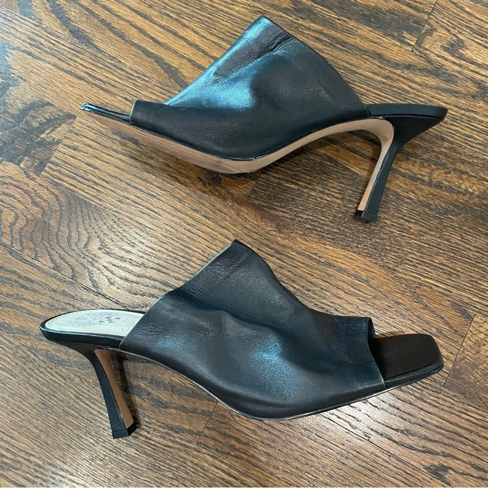 VINCE CAMUTO Arlinala Black Leather Mule Heeled Sandals - Picture 3 of 11
